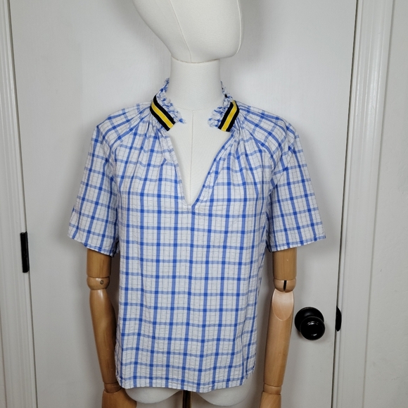 A Shirt Thing Blue Plaid Contrast Collar Top Size Small 100% Cotton - Picture 1 of 13